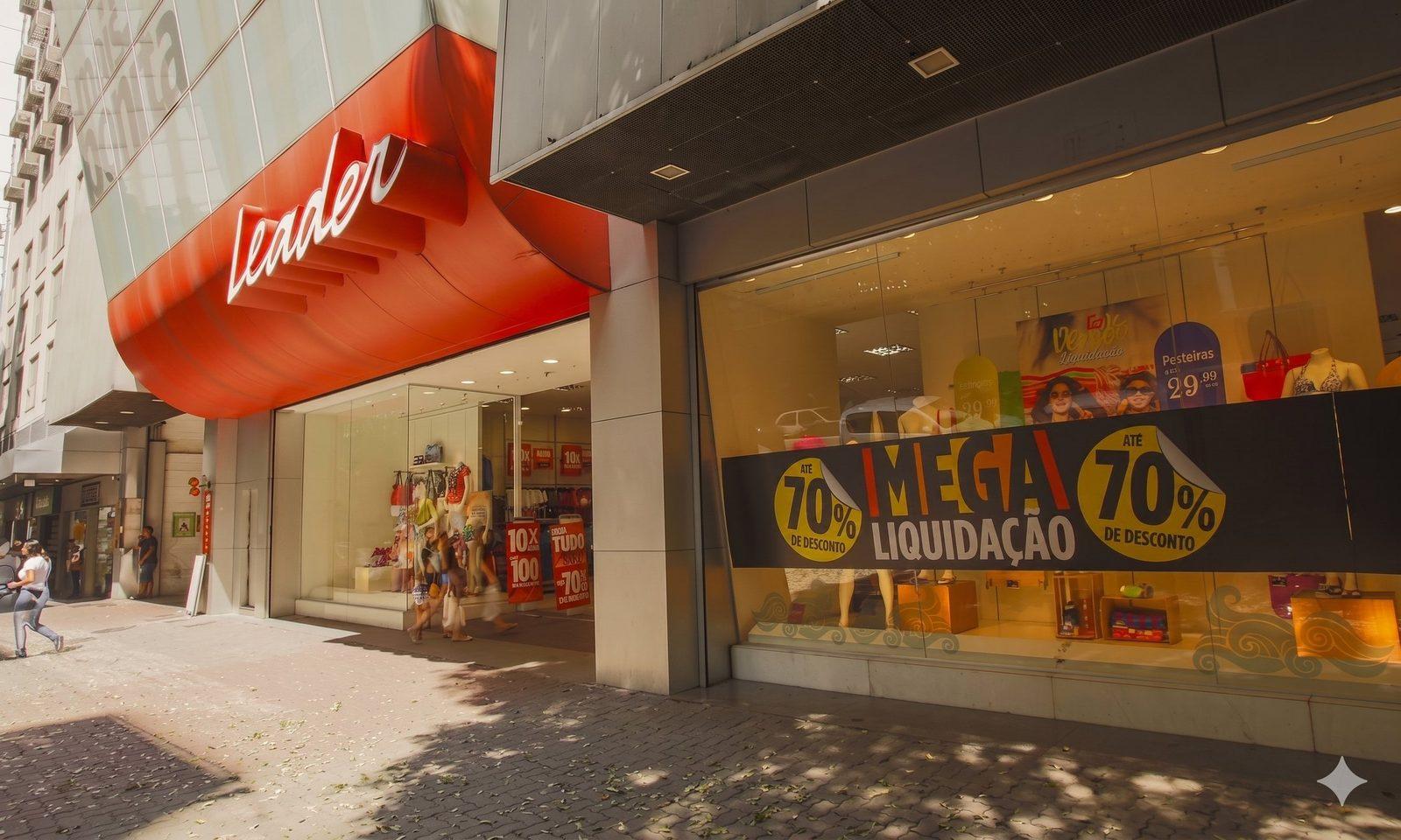 Fachada e vitrine de campanha das Casas Leader impressa pela Prime Graff